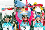 Anja Paerson, m&eacute;daille de bronze au slalom, Janica Kostelic m&eacute;daille d'or et Laure P&eacute;quegnot, m&eacute;daille d'argent